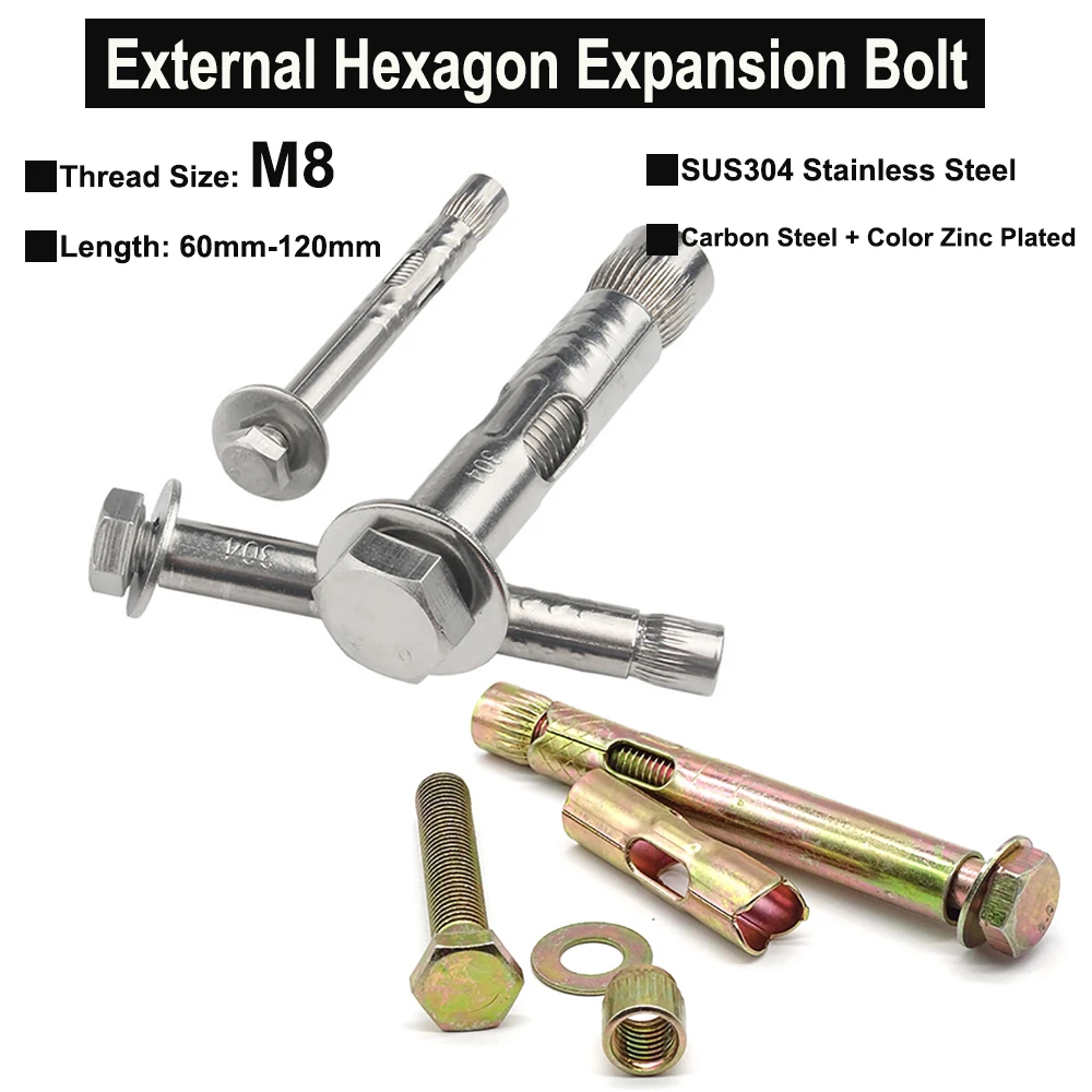 2Pcs M8 External Hexagon Head Expansion Bolt Built-in Expansion Screw Speed Bumps Screw Length 60mm-120mm