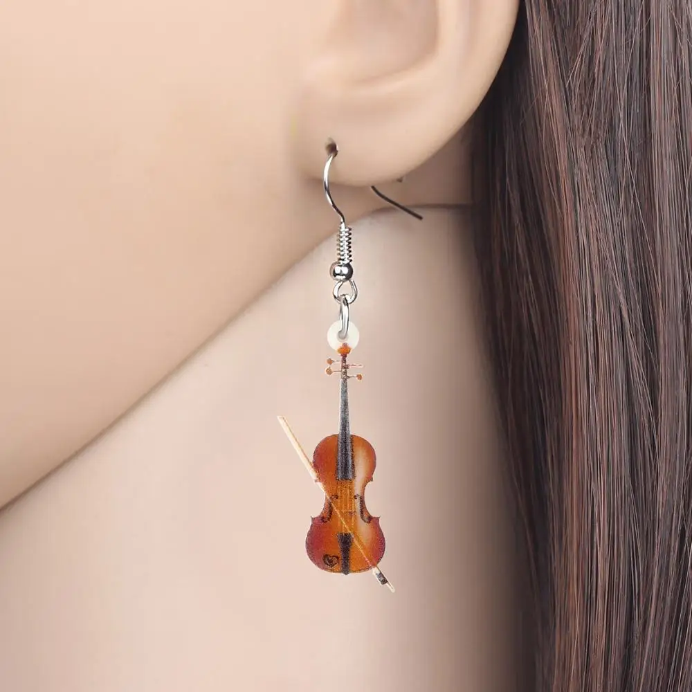 WEVENI Acrylic Wood Color Fiddle Violin Earrings Aesthetic Trendy Drop Dangle Jewelry For Women Girls Kid Vintage Gift Jewellery