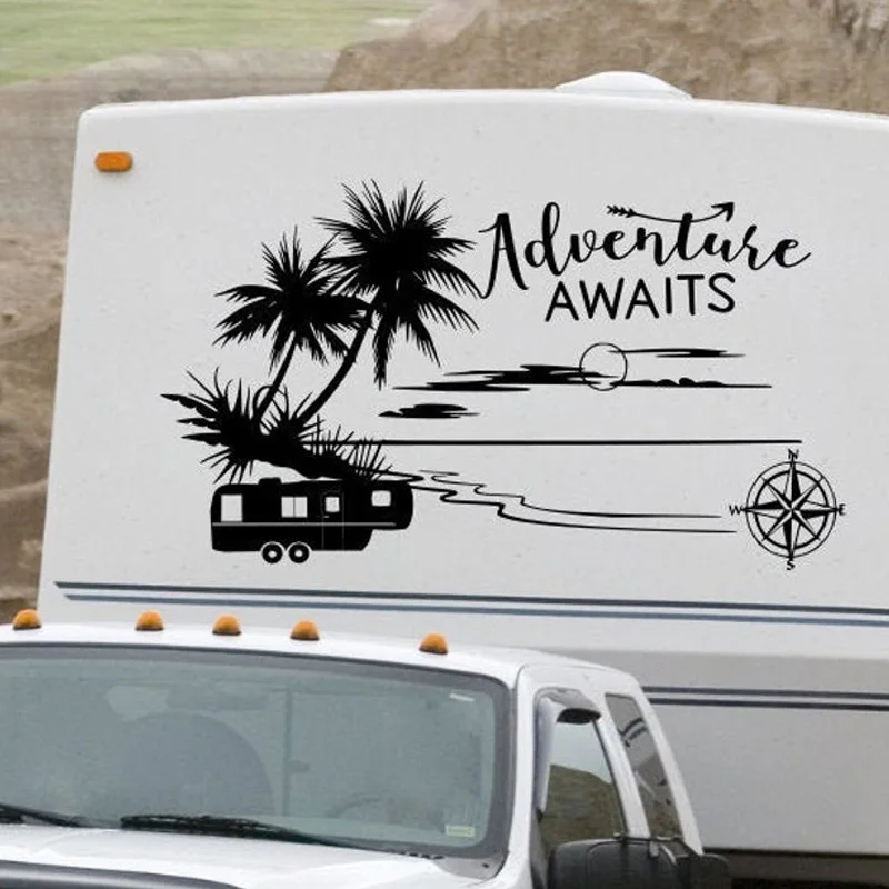 

Adventure Awaits Rv Camper Car Sticker Fifth Wheel Vinyl Sticker Motor Home Decal Beach Rv Decor Ocean Palm Tree Decoration