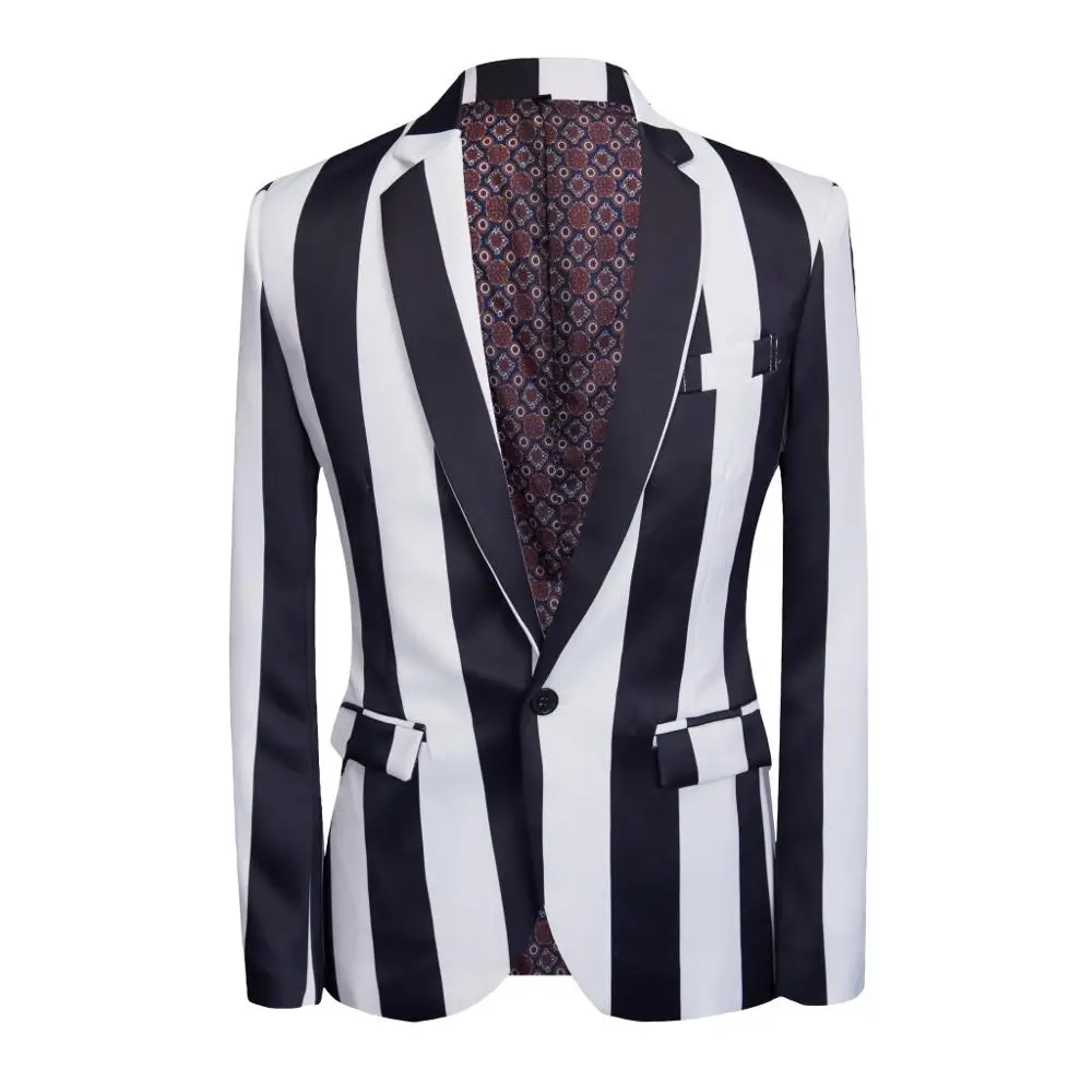 New 2019 Men's slim Black and white striped  Blazer suits Singer Costumes Men dress clothing