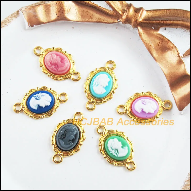 18Pcs Gold Color Retro Oval Beauty Mixed Resin Charms Connectors 12x21mm