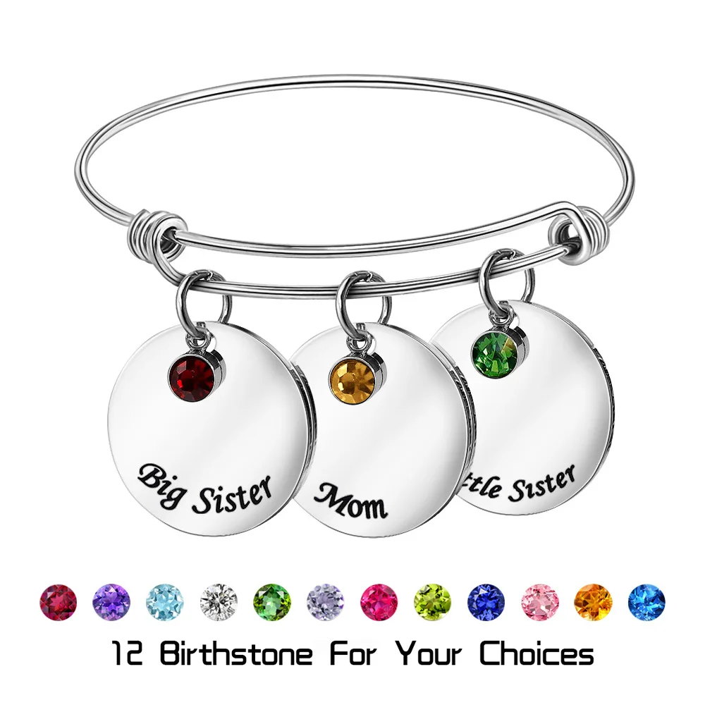 

Engraved Names Mom Stainless Steel Round Discs Charms Personalized Bracelet Birthstones Custom Names Bangle Mother's Day Gift