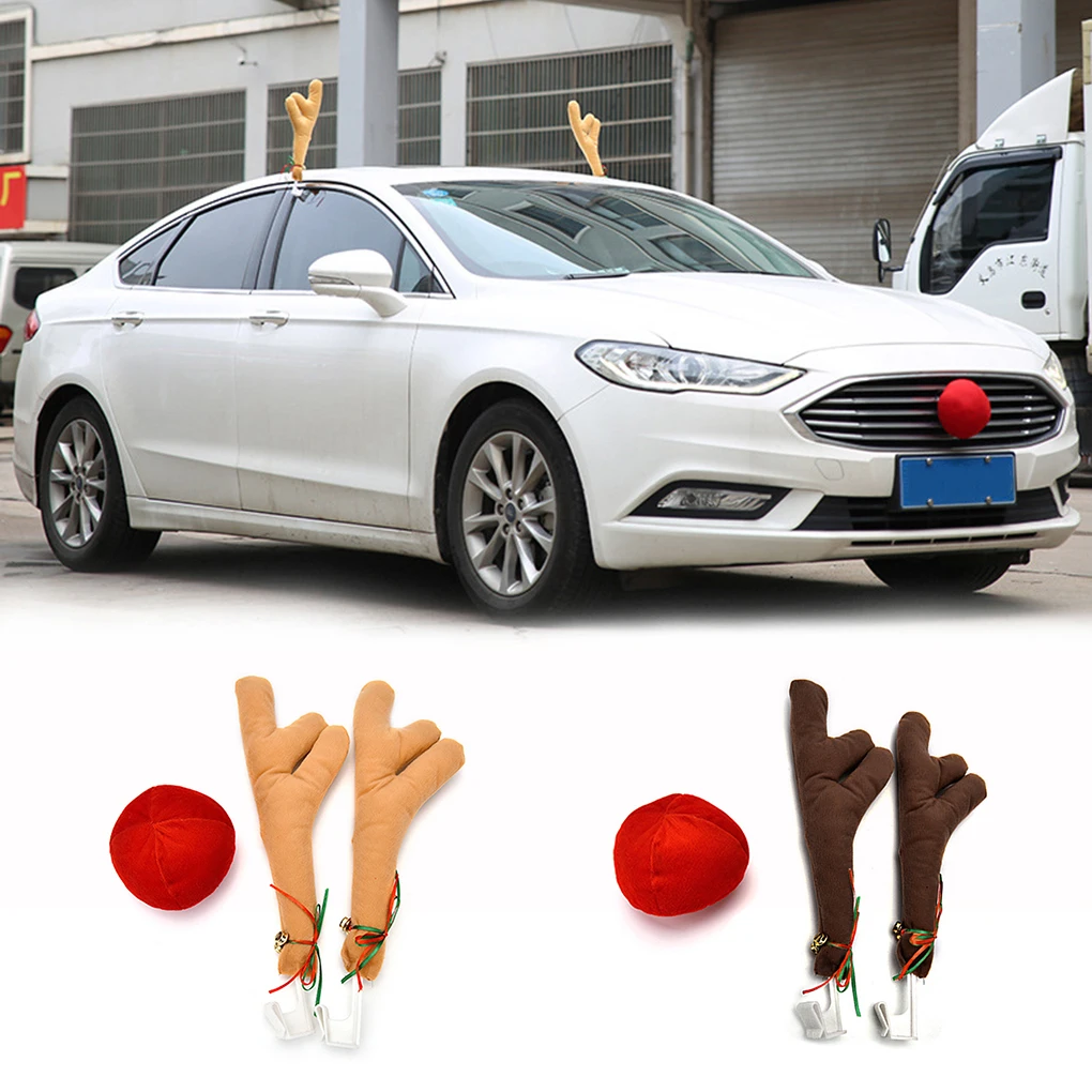 2 Antlers+1 nose Cute Vehicle Nose Horn Costume Set Horn And Red Nose Christmas Supplies Rudolf Reindeer Christmas Car Decor