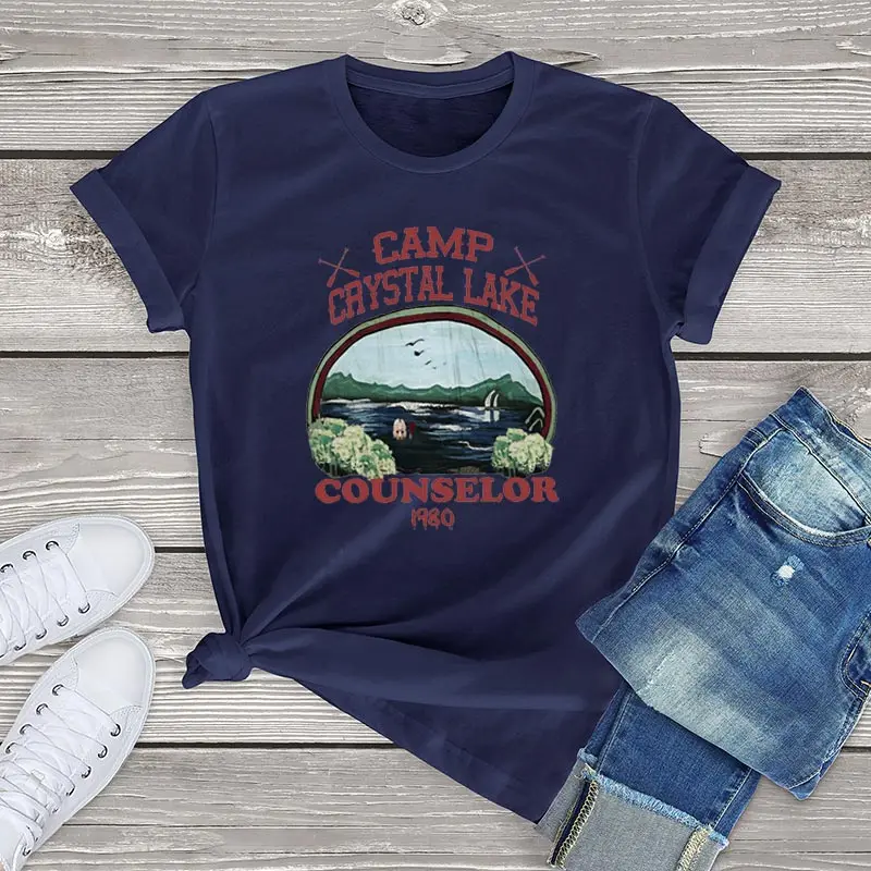 Women Camp Crystal Lake Counselor T-Shirt Vintage, Roupa Unissex, Oversized, Algodão, Horror, Manga Curta, Gráfico, Femininas