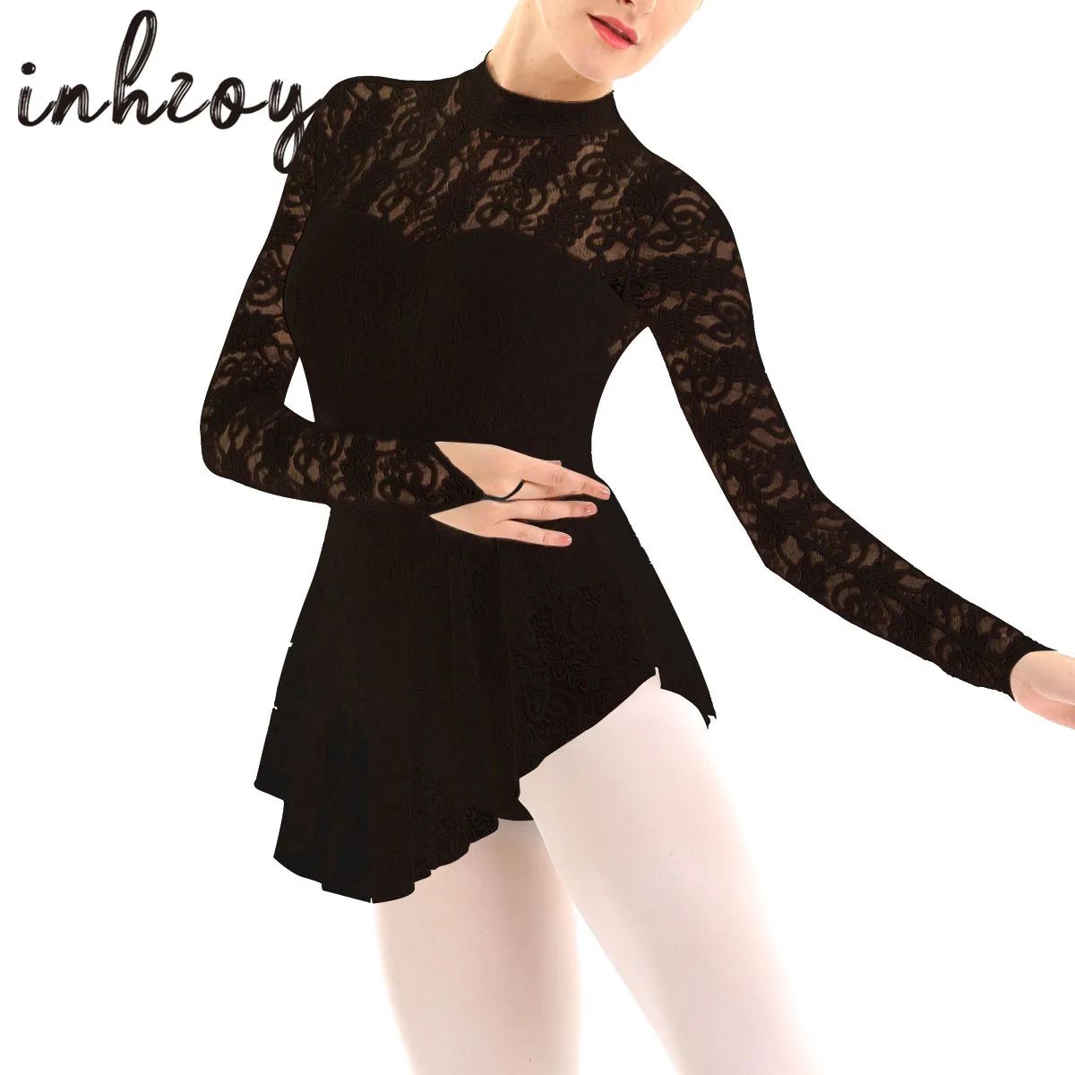 Womens Figure Ice Skating Dress Lace Long Sleeves Ballet Dance Leotard Dress