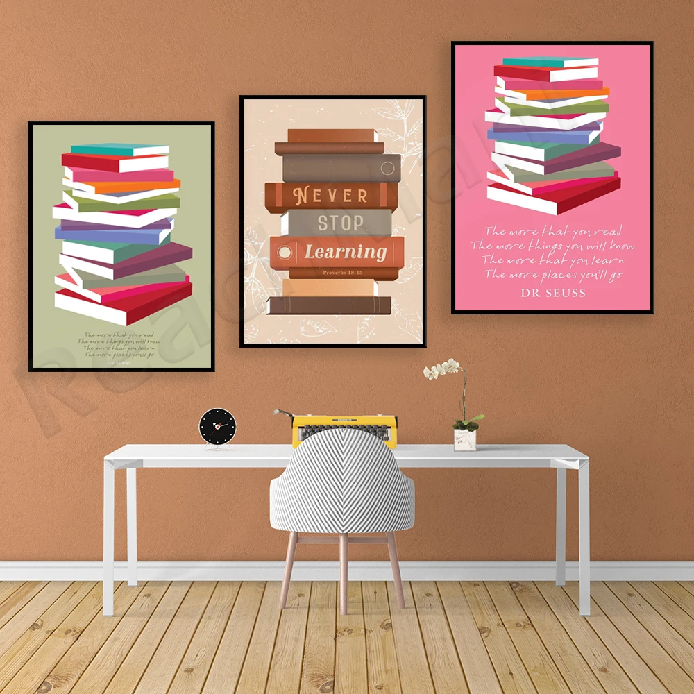 Stacked Books Poster, Dr. Suess Quote Bookshelf Wall Art, Never Stop Learning, Inspirational Art Poster | Stacked Books