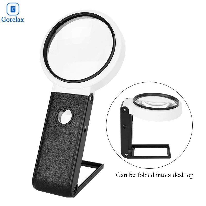 6X 25X Handheld Magnifying Glass with 6LED 2UV Lights, Desktop Table Folding Jewelry Magnifier Third Hand Loupe Reading Magnifer