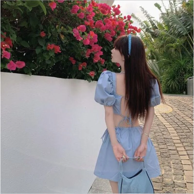 

Casual Puff Sleeve Party Short Sleeve Dress New Blue Vintage Summer Women Elegant Kawaii Backless Sexy Mini Dress Skirt Summer