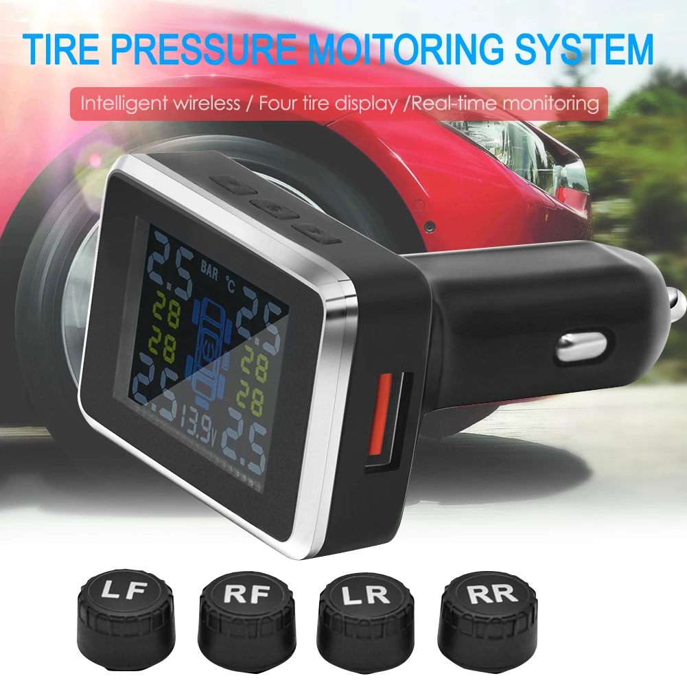 Wireless Car TPMS Tire Pressure Monitoring System LCD Display TPMS Cigarette Lighter Tyre Pressure Temperature Warning Alarm