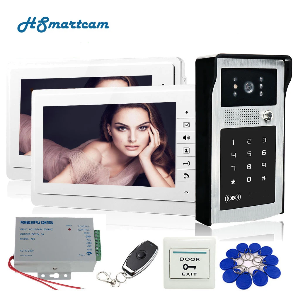 

Home Security 7 inch TFT LCD 2 Monitor Video Door phone Video Intercom System RFID Password Access Doorbell 1 Camera+Door Exit