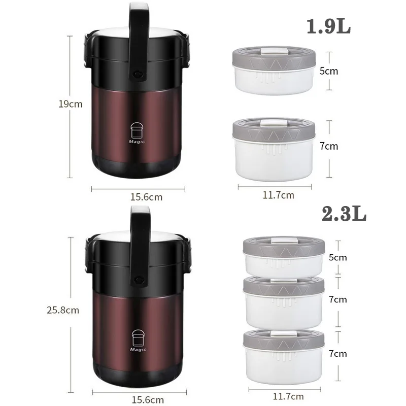 304 Stainless Steel Thermos Lunch Box Round Leak-Proof Multilayer Sealed Insulated Food Storage Container Work School Bento Box