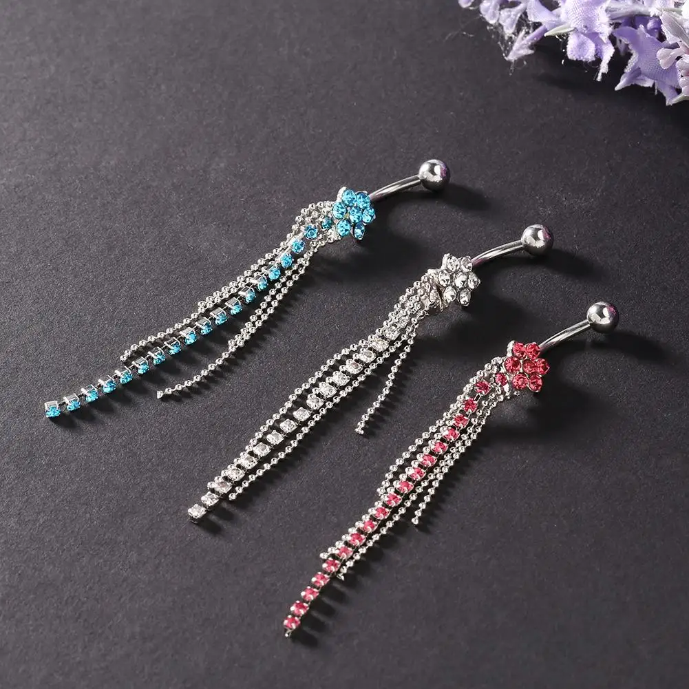 1Pcs Women Rhinestone Flower Beaded Tassels Dangle Body Piercing Navel Belly Ring Rhinestone  Belly Ring Barbell Piercing Belly