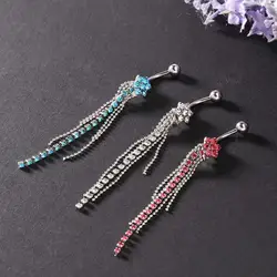 1Pcs Women Rhinestone Flower Beaded Tassels Dangle Body Piercing Navel Belly Ring Rhinestone Belly Ring Barbell Piercing Belly