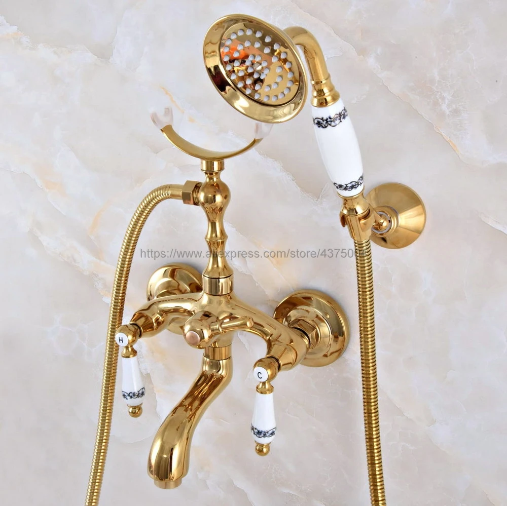 

Golden Brass Bathtub Faucet Wall Mount Handheld Bath Tub Mixer System with Handshower Telephone Style Nna962