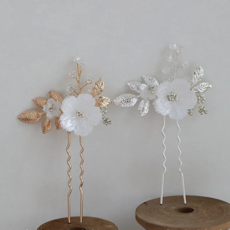 Floralbride Handmade Shell Flower Alloy Leaf Pearls Bridal Hair Pin Set Wedding Hair Sticker Women Jewelry Hair Accessories