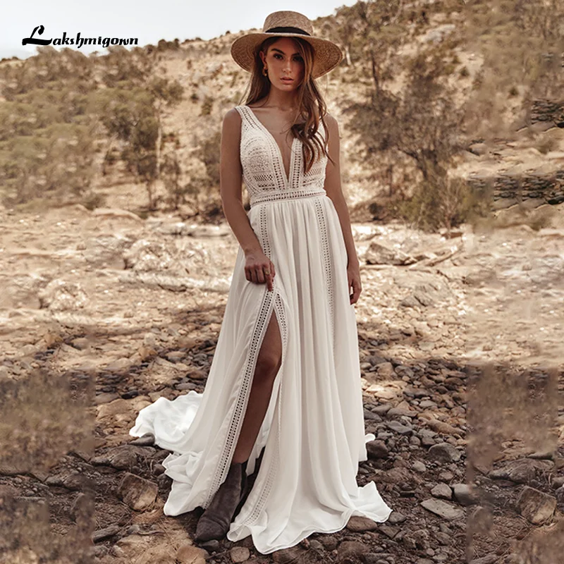 Lakshmigown boêmio vestidos de casamento mais novo decote em v sem costas lado limo praia boho chiffon uma linha vestidos de noiva robe de mariee