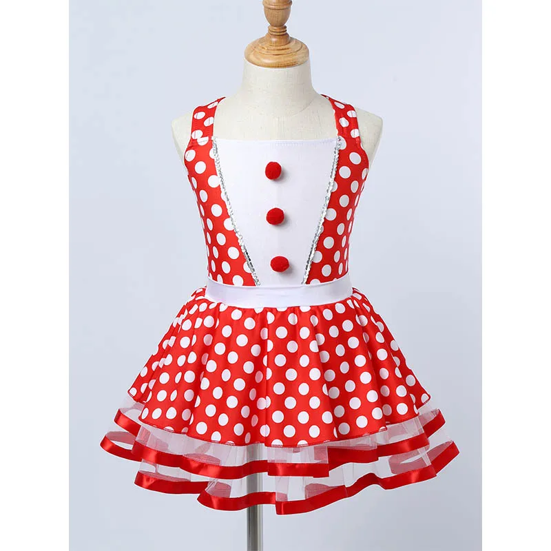 Kids Polka Dots Red Mesh Tutu Ballet Dress Children Girls Skirted Gymnastics Leotard Christmas Outfit Performance Dance Costume