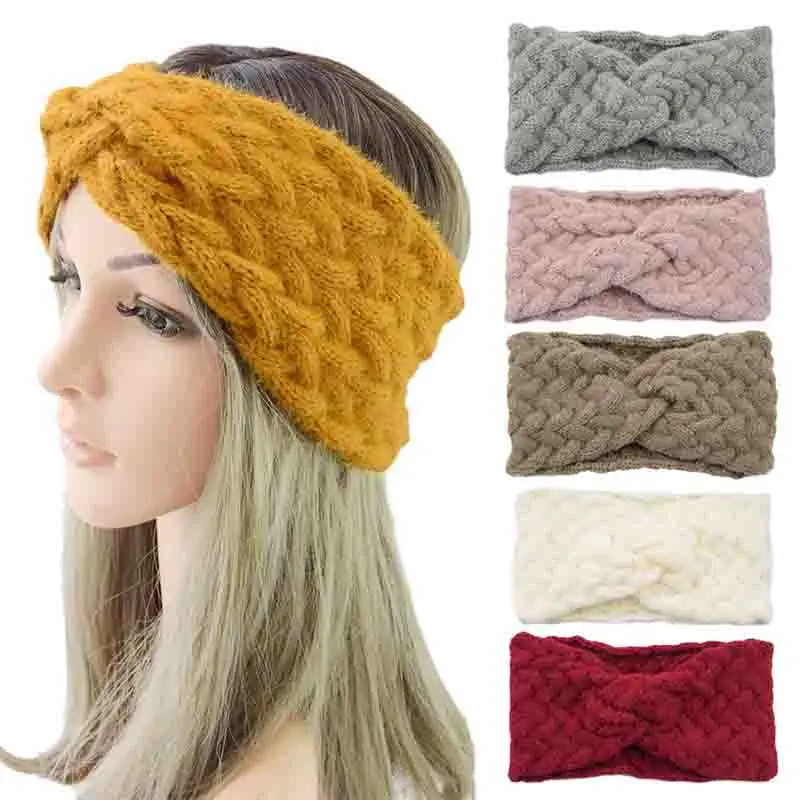 Women Twist Cross Wool Knitting Wide Hairband Autumn Winter Plush Ear Warmer Crochet Headwrap Knitted Headband Hair Accessories