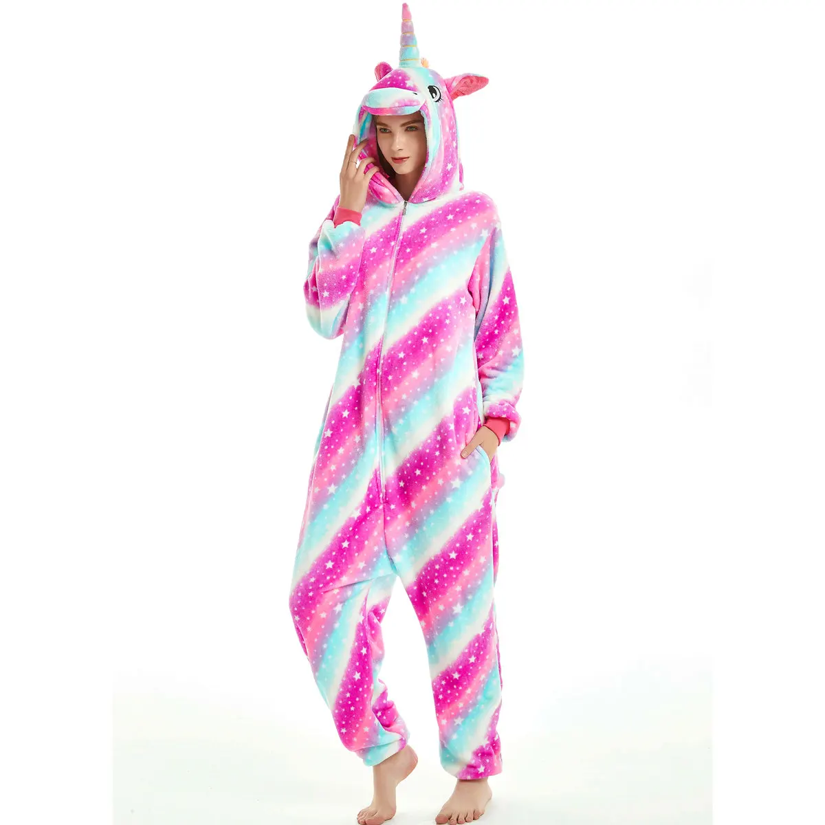 Unicorn Pajamas Adult Animal Onesies for Women Men Couple 2020 Winter Pajamas Stitch Sleepwear Flannel Pijamas Pyjamas