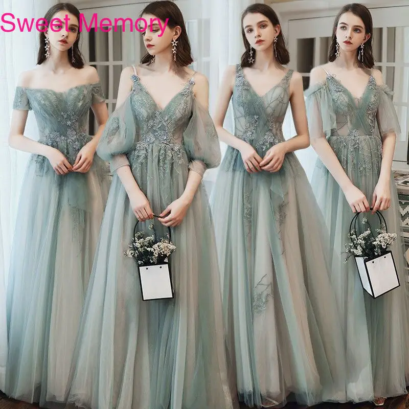 Floor Length Sexy V Neck Bridesmaid Dresses Bride Guest Tulle Robes Elegant Women Appliques Lace Long Prom Dress Party Vestidos