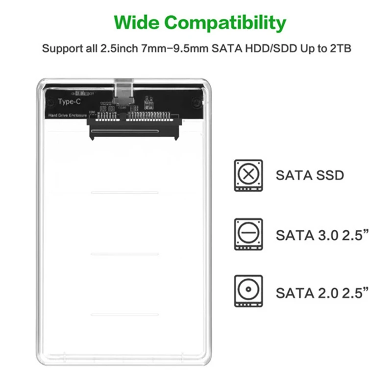 2.5 inch Transparent Type-C USB3.1 to SATA HDD SSD Case External HDD SDD Enclosure Support 2TB Mobile External HDD for Laptop PC