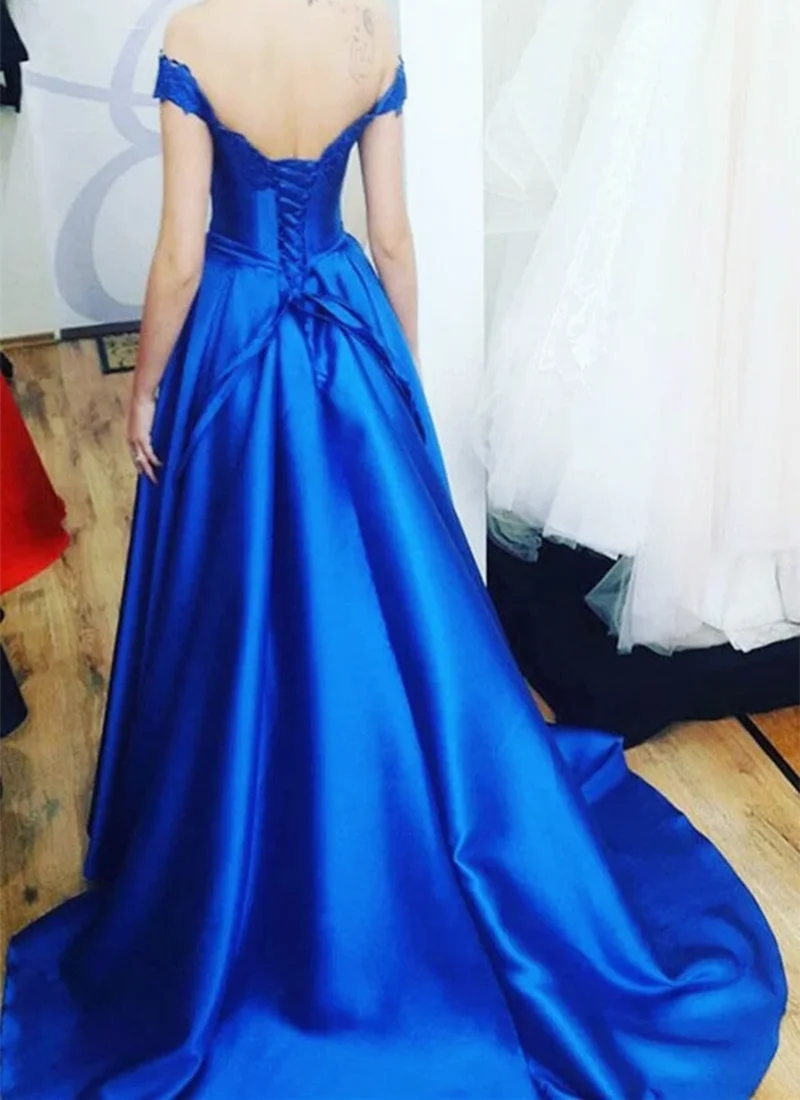 Robe de soirée en Satin bleu Royal, ligne a, dos nu, épaules dénudées, avec des appliques, col en v, robe de mariage