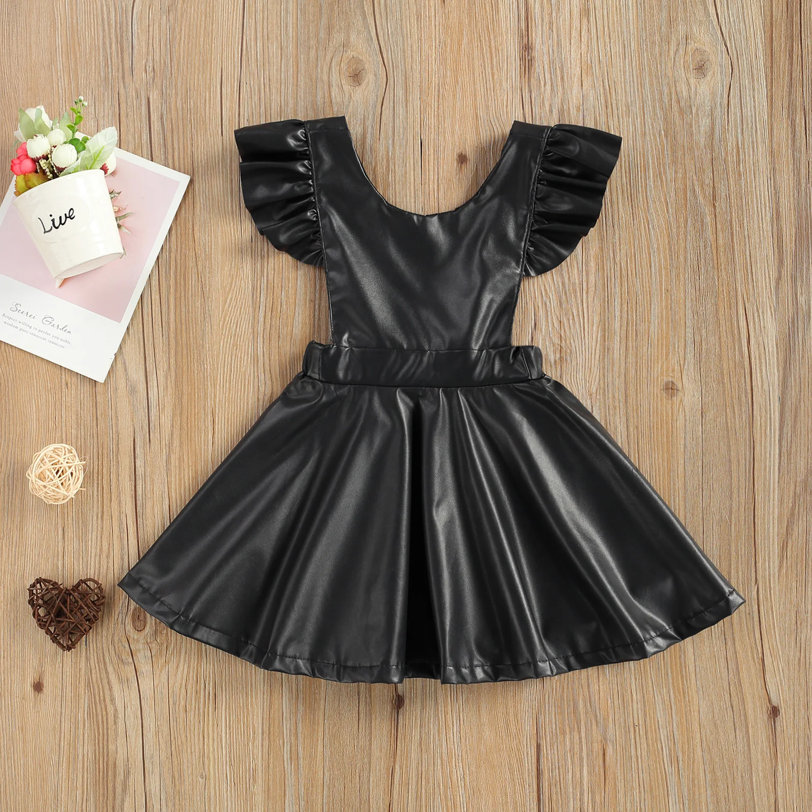 Toddler Baby Girl Black Overall Dress Soft Fabric Faux Leather Ruffle Sleeve Backless Suspender Skirt Comfortable Sweet Casual