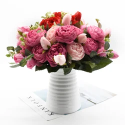 30cm Rose Pink Silk Peony Artificial Flowers Bouquet 5 Big Head and 4 Bud Cheap Fake Plants for Home Wedding Decoration In Door