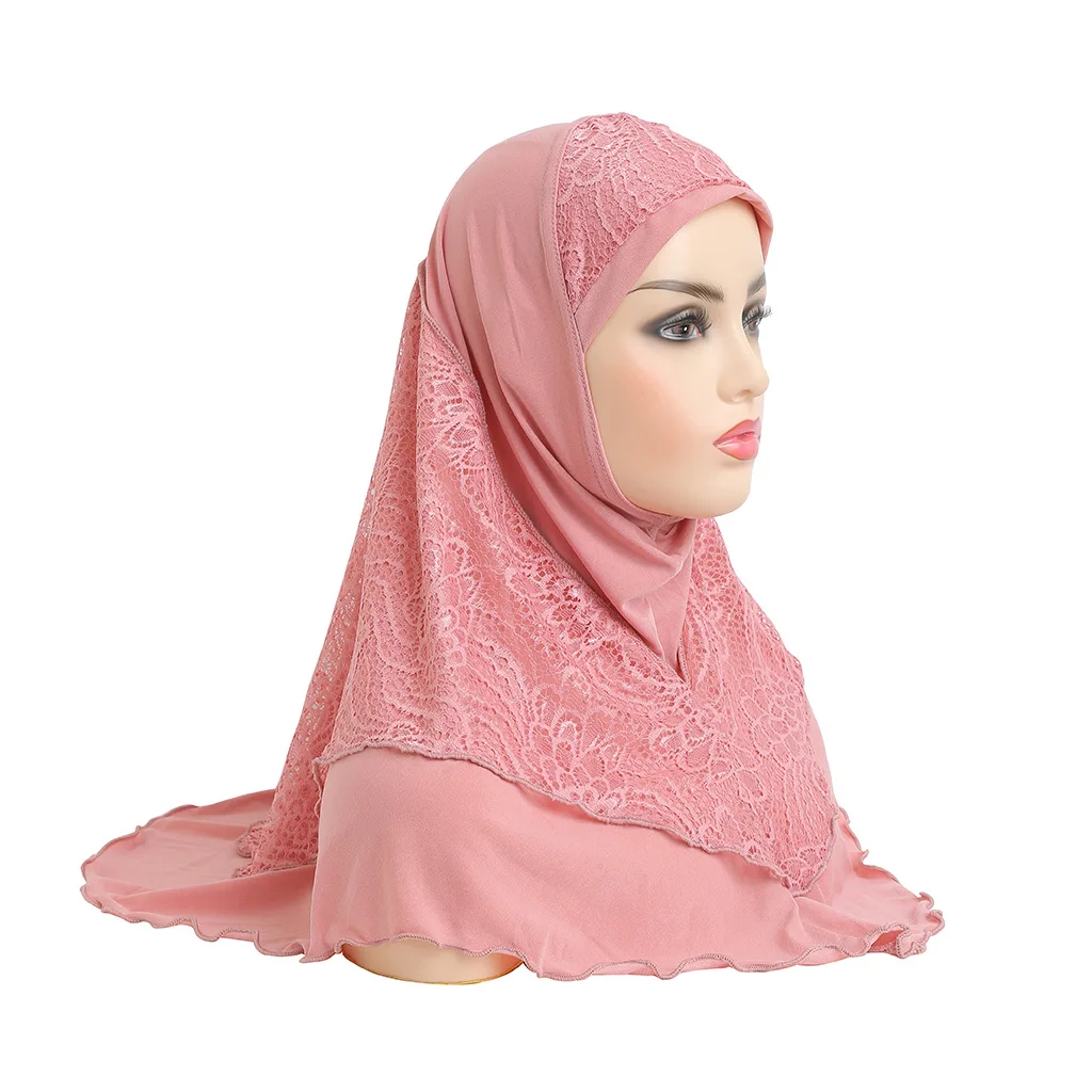 

Muslim Lace Splicing Solid Women Hijab Scarf Turban Femme Soft Amira Headwear Musulmane Full Cover Style Headwrap Islamic Jilbab