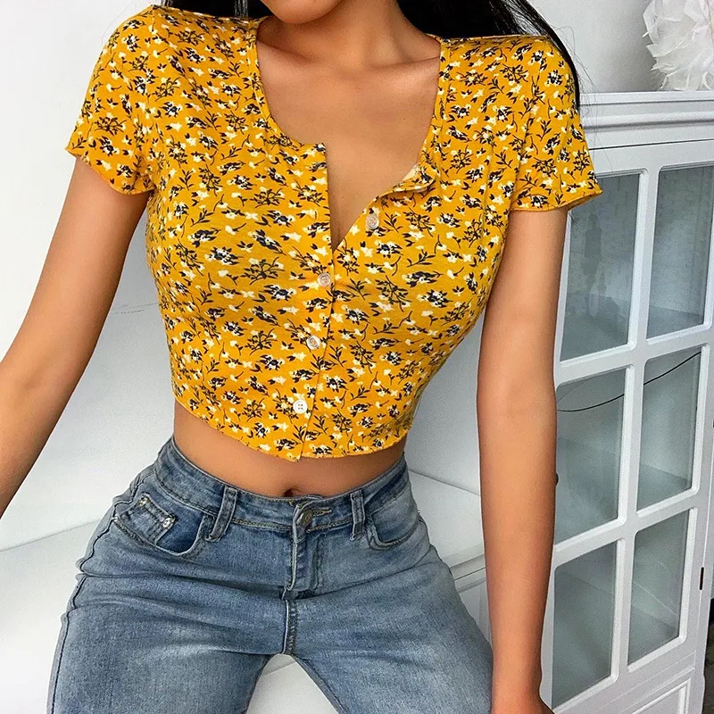 Chic Women ladies Short Sleeve Crop top Plain basic debardeur flower Tank Party bodycon bandage stretchy Button Vest Tee tunique