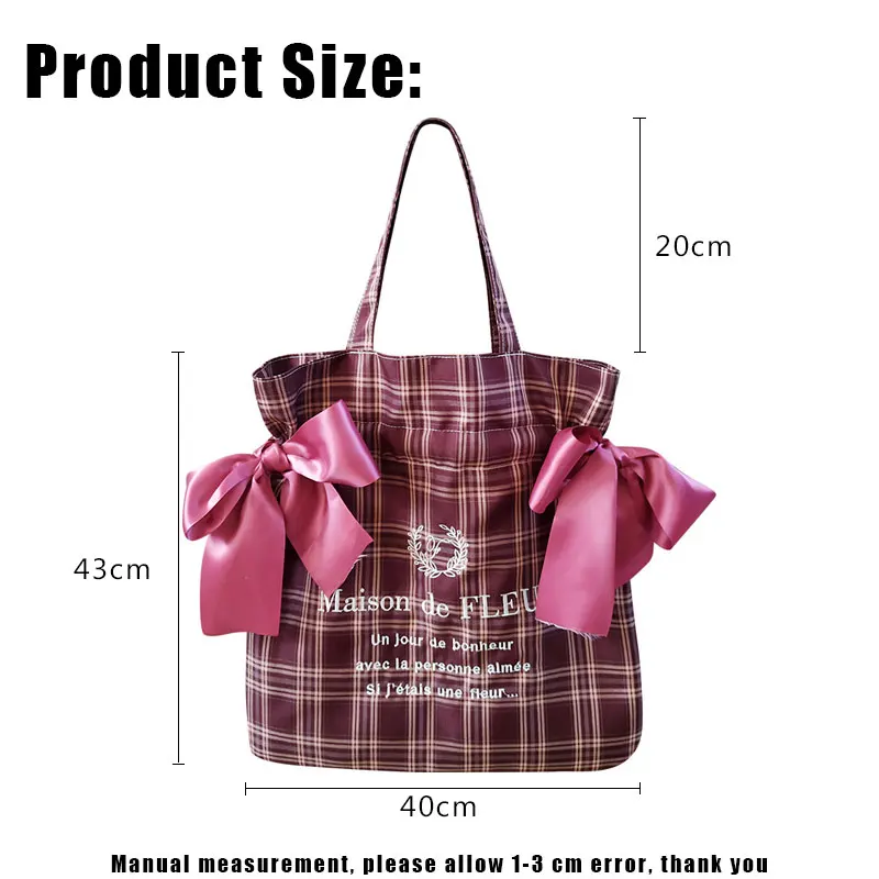 Youda Plaid Women Simple Shoulder Bag Soft Cloth Fabric Handbag Large Capacity Cotton Tote Bow Canvas Bags For Pretty Young Girl