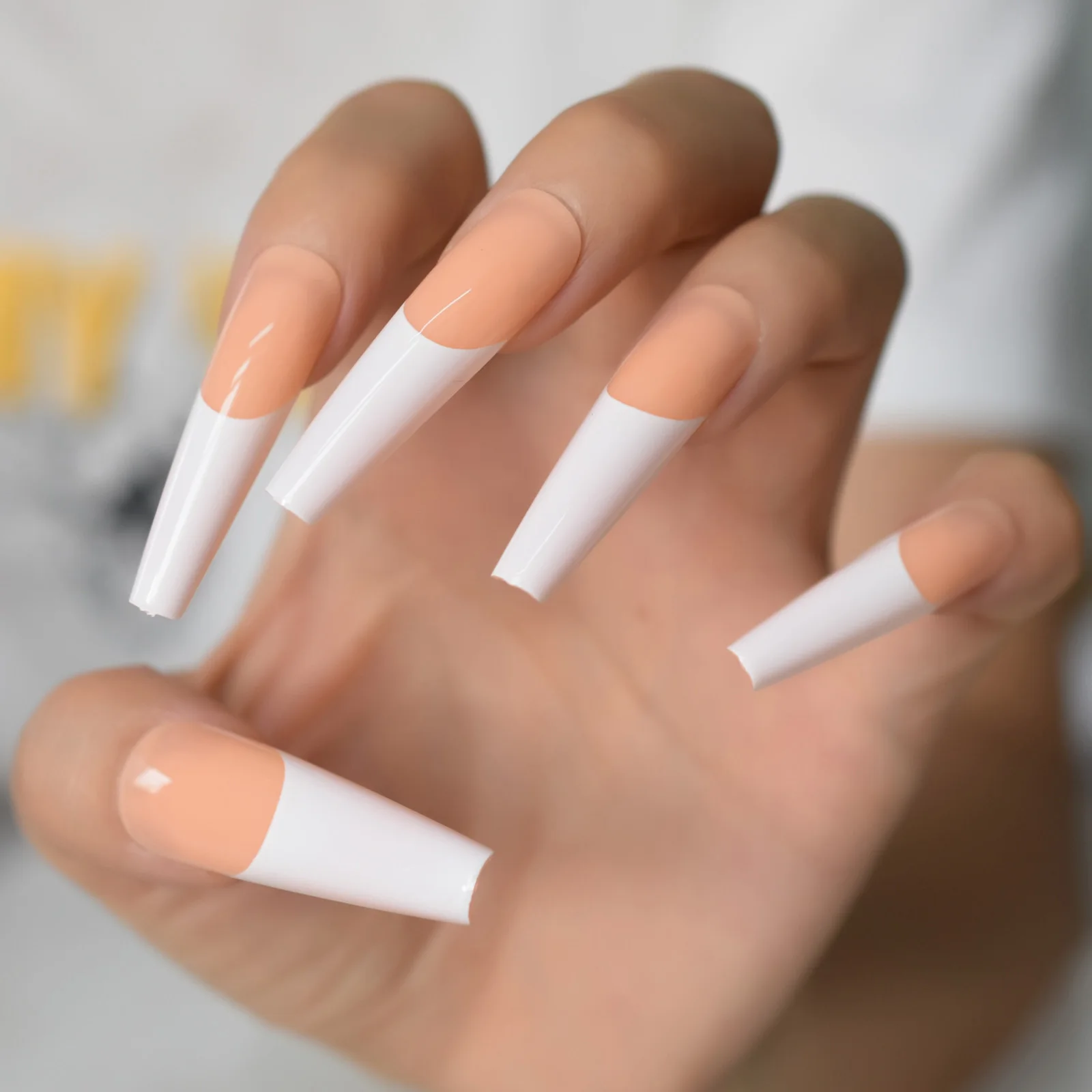 Extremely Long Beige White XXL Coffin Fake Nails Glossy Salon Stick Press On Nails DIY Wearable False Nail Tips Extension Tools