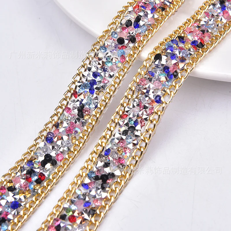 90cm Iron On Rhinestone Tape Gold Chain Hotfix Gemstone Lace Trim Hot Drilling Beaded Chain Ribbons Bridal Dress Belt Banding