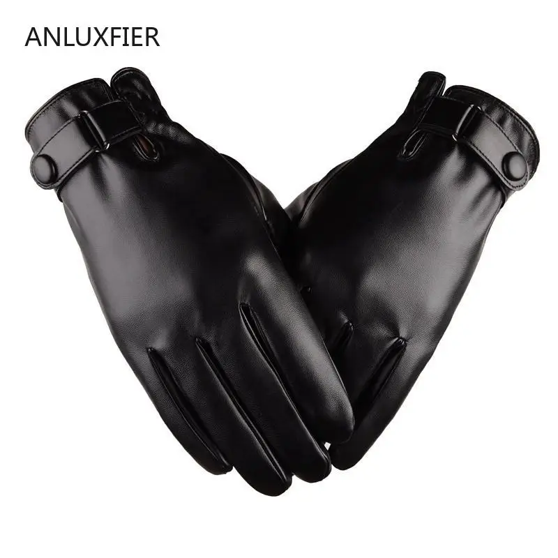 H9903 Women Leather Gloves Men Winter Touch Screen Windproof Warm Black Mittens Thermal Thick Driving Fashion Simple Hand Muff image 5