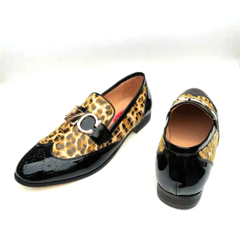 XQWFH Men Leopard Loafers Genuine Leather Moccasins Brogue Shoes Party and Wedding Business Driving Flats Slip On Dress Shoes