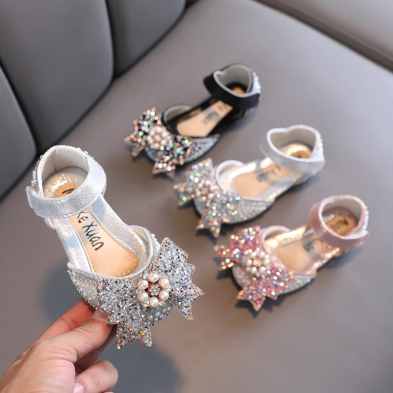 Kids Sandals Summer New Girls Princess Shoes Childrens Bow Rhinestones Dance Wedding Performance Shoes