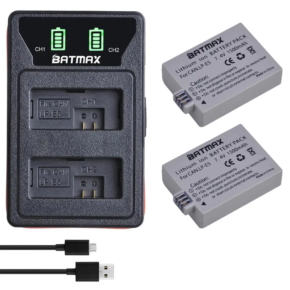 

2Pcs 1500mAh LP-E5 LP E5 Battery + LED Built-in USB Charger for Canon EOS Rebel XS,Rebel T1i,Rebel XSi 1000D 450D,Kiss X3,X2,F