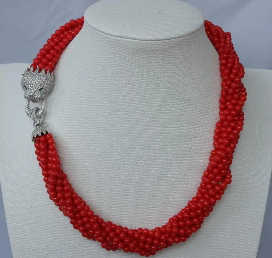 

Fashion jewelry Free Shipping fashion 8strands Red Round Coral beads necklace with zircon leopard/cheetah clasp