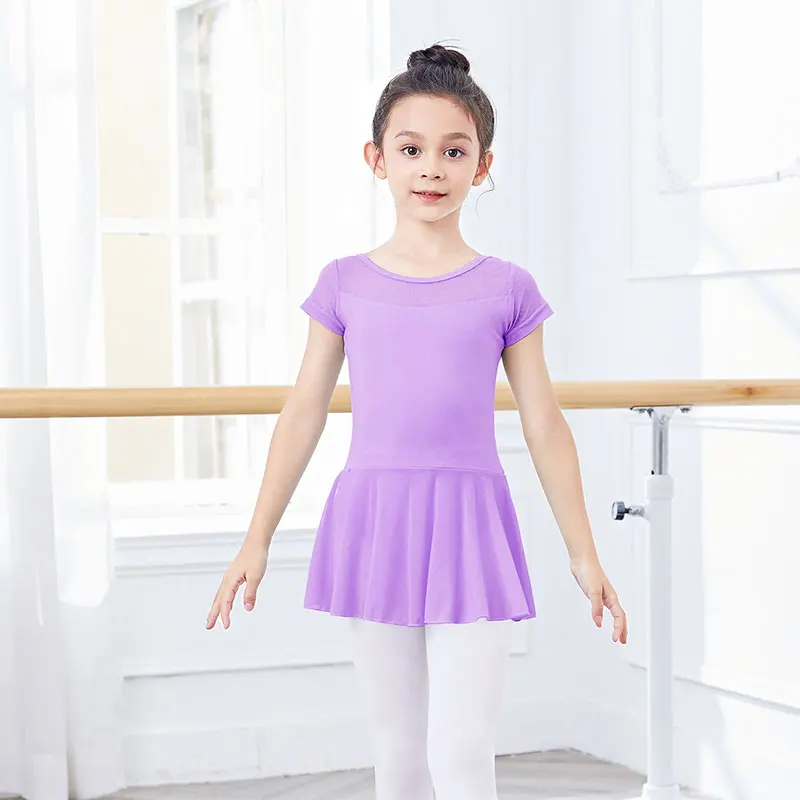 Ballet Dress Girls Dance Ballet Leotard Dress Mesh Splice Short Sleeve Breathable Chiffon Skirted Leotard Dance Costumes