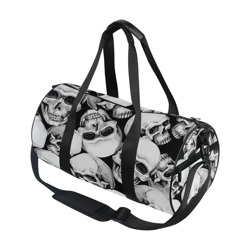 

ALAZA Fitness bags Skull Printing Canvas Gym gray Travel Bag Sport Outdoor Large Pocket Casual Tote Handbag Shoulder Bag For Men