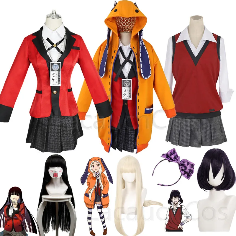 Anime szalone podniecenie Jabami Yumeko Cosplay Anime Kakegurui sprawia, że ​​gracze Yumeko Jabami ubrania bluza z kapturem mundurki szkolne kostium na imprezę cosplay i peruka Momobami Kirari Yomoduki Runa karnawałowy