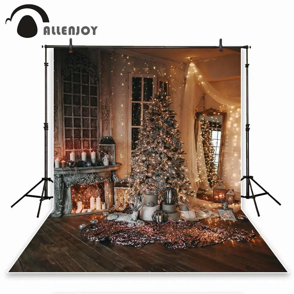 Allenjoy Happy New Year Photozone Glitter Lights Christmas Trees Candle Fireplace Background Festival Photography Backdrop Decor