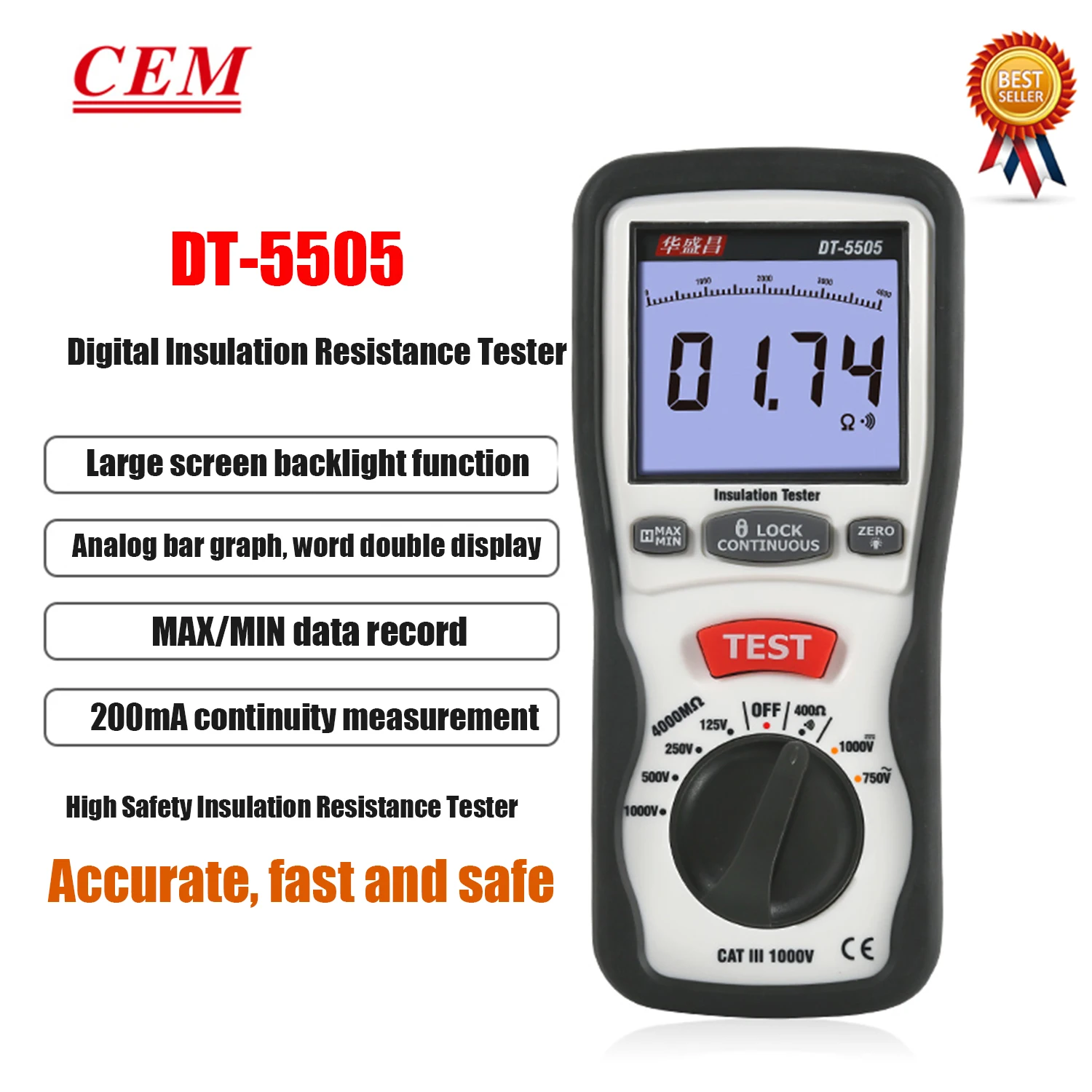 CEM DT-5505 Digital Insulation Meter Resistance Tester Measurement Of Electrical Equipment and Insulating Materials.