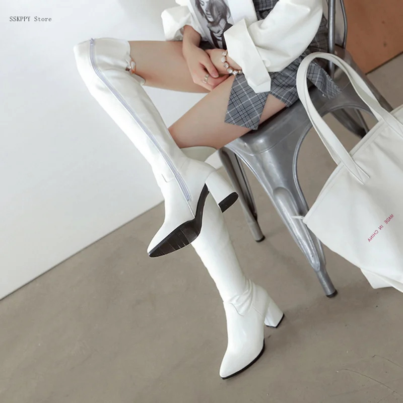 

2022 Winter New Pointed Solid Color Side Zipper Square High Heel Fashionable and Comfortable Ladies Over-the-knee Boots