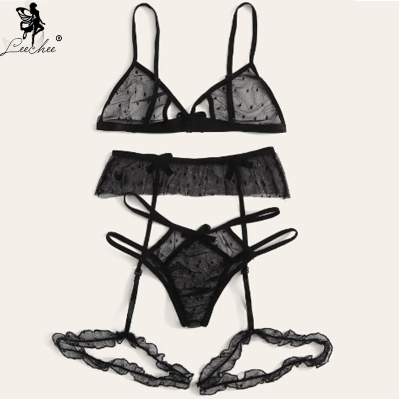 Leechee New Bra Set Sexy Lace Lingerie 3/4 Cup Bras For Women Three-point Suit Sexy Lntimates Dot Mesh Perspective Underwear Set