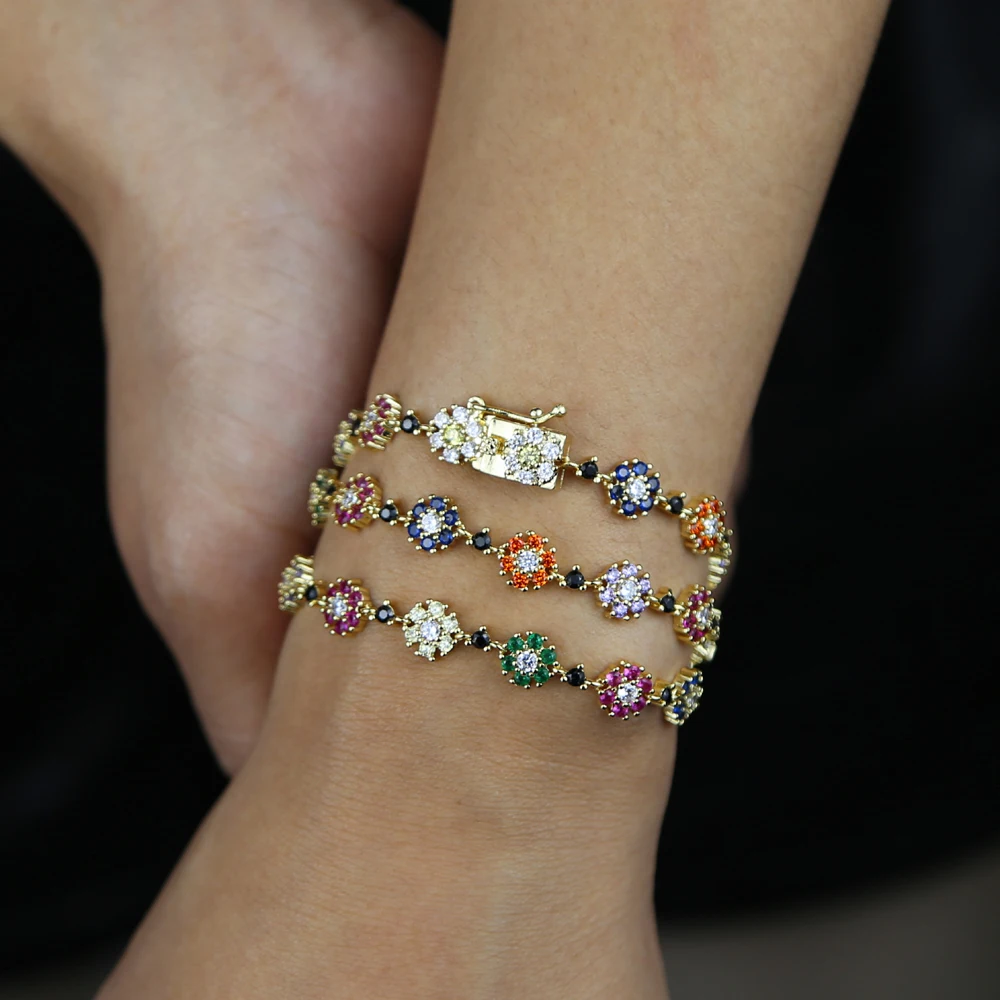 Gold Color Red Green Blue CZ Paved Flower Charm Bracelets Tennis Chain Rainbow Zircon Stone Bangle Fashion Women Jewelry