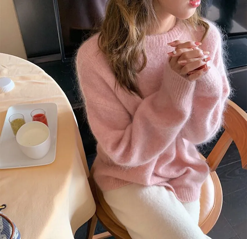 Jsxdhk neue rosa weiche Mohair Strick pullover faulen Stil Herbst Winter Frauen Nerz Kaschmir warm dick o Hals lose Pullover