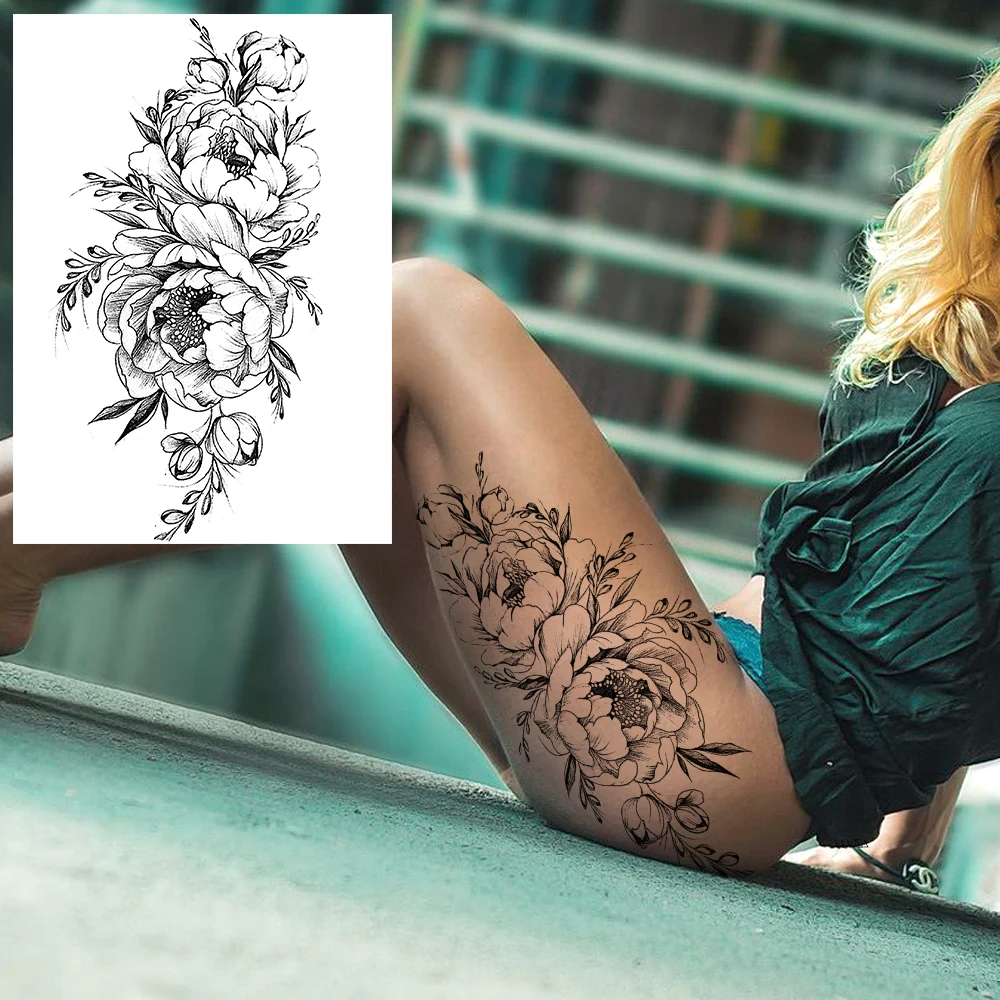 Realistic Sexy Peony Tattoos Temporary Women Adult Flower Arm Tattoos Sticker Waterproof Fake Floral Bloosom Body Leg Art Tatoos