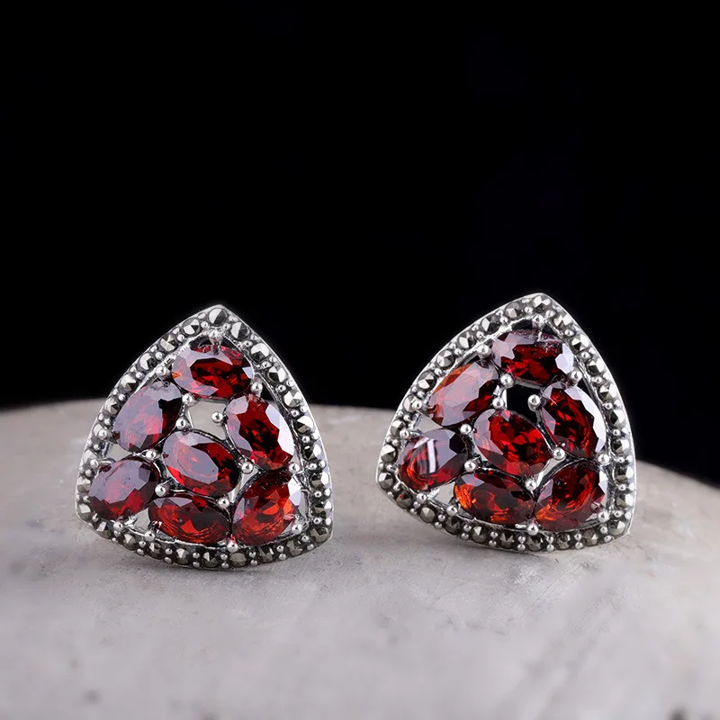 

Uglyless Exotic Garnet Studs Earrings for Women Vintage Thai Silver Marcasite Earrings 925 Silver Gemstone Brincos Jewelry E1551