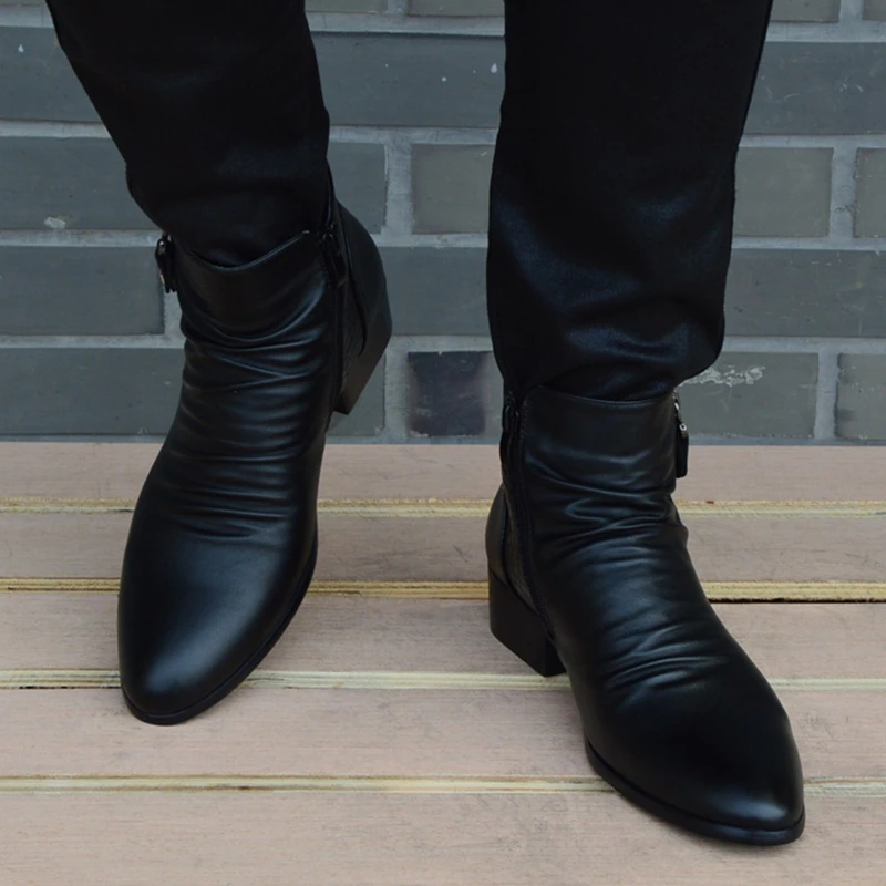 Botines de cuero con cremallera para hombre, botas de vestir negras, a la moda, para otoño